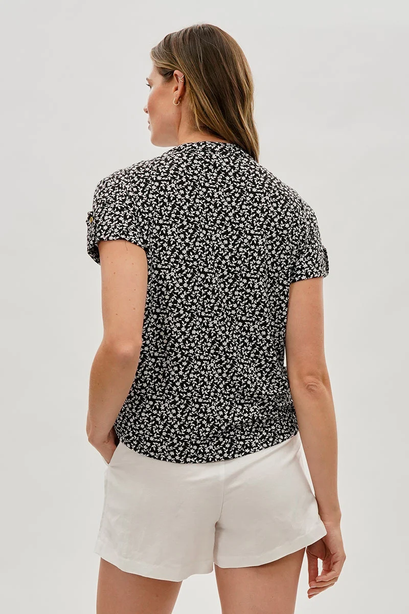 Floral Tie-Neck Short Sleeve Blouse - Black - Image 3