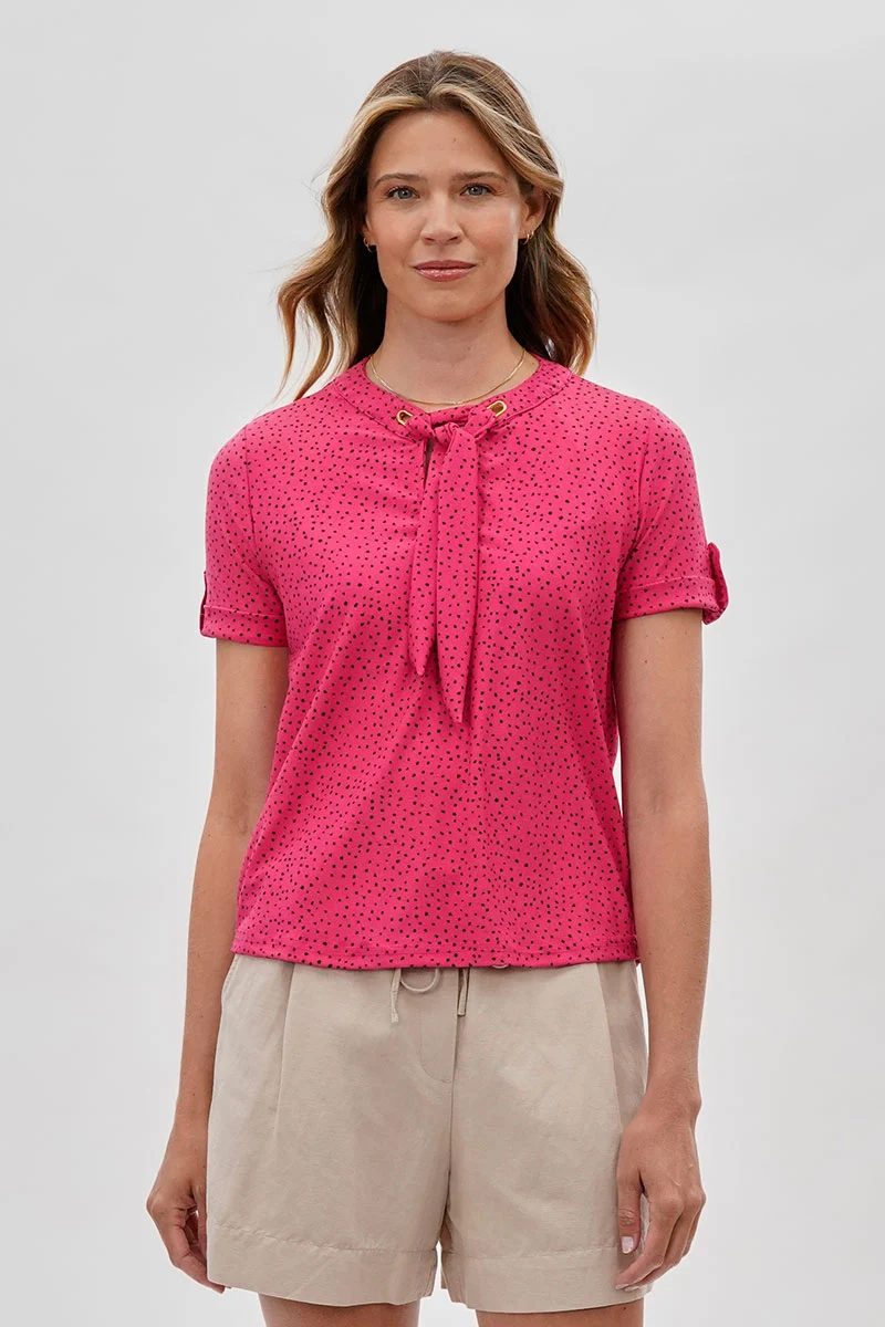 Polka Dot Tie-Neck Short Sleeve Blouse - Pink