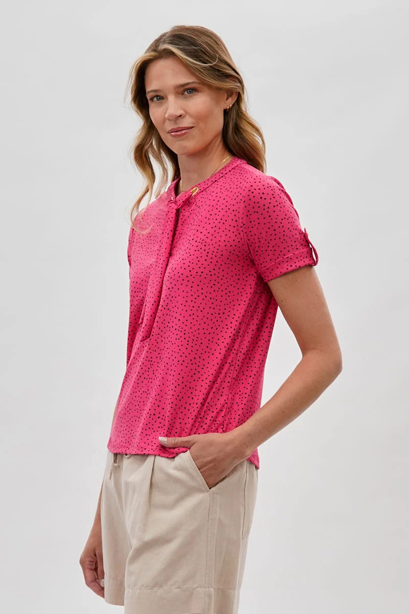 Polka Dot Tie-Neck Short Sleeve Blouse - Pink - Image 2