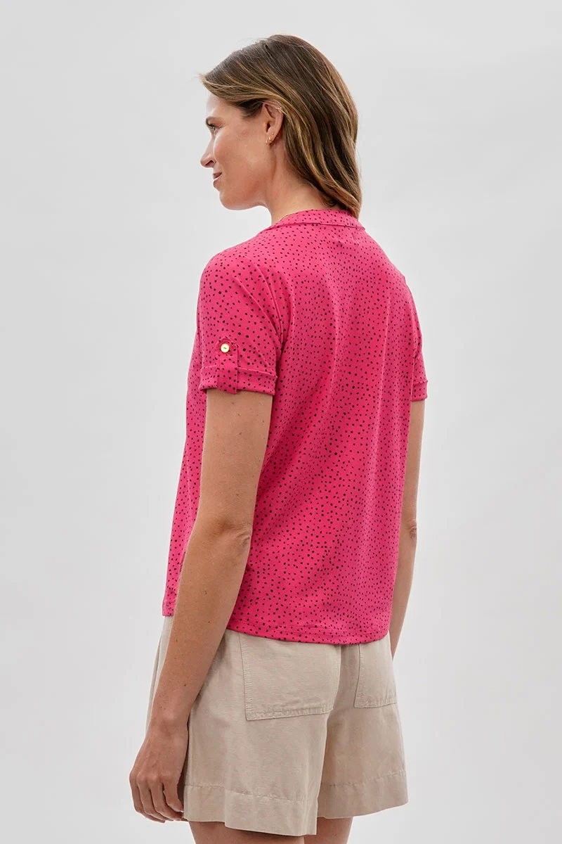 Polka Dot Tie-Neck Short Sleeve Blouse - Pink - Image 3