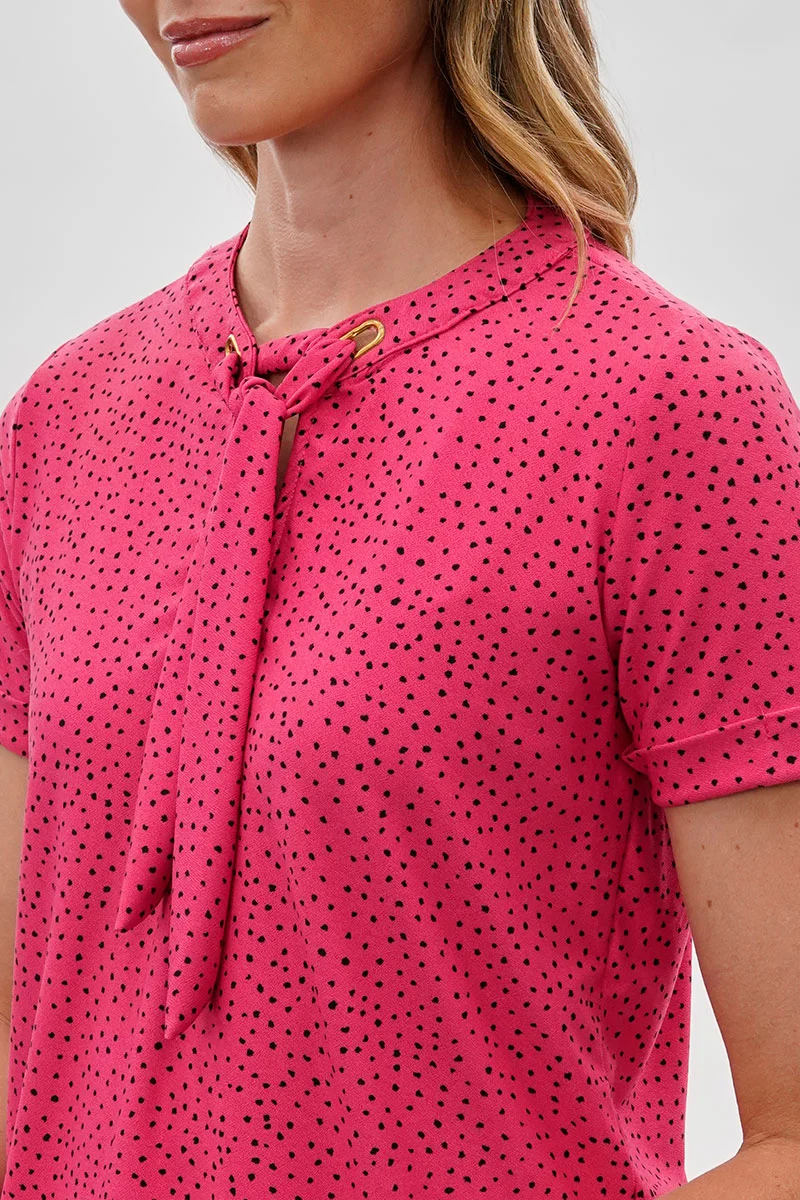 Polka Dot Tie-Neck Short Sleeve Blouse - Pink - Image 4