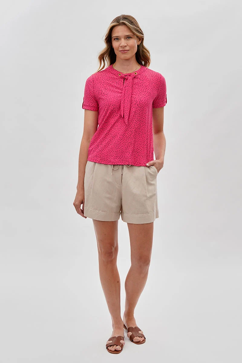 Polka Dot Tie-Neck Short Sleeve Blouse - Pink - Image 5