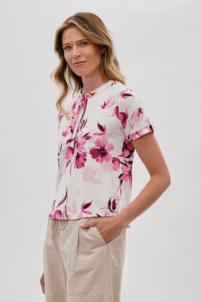 Floral Tie-Neck Short Sleeve Blouse - White - Image 2