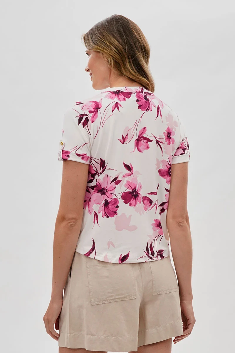 Floral Tie-Neck Short Sleeve Blouse - White - Image 3