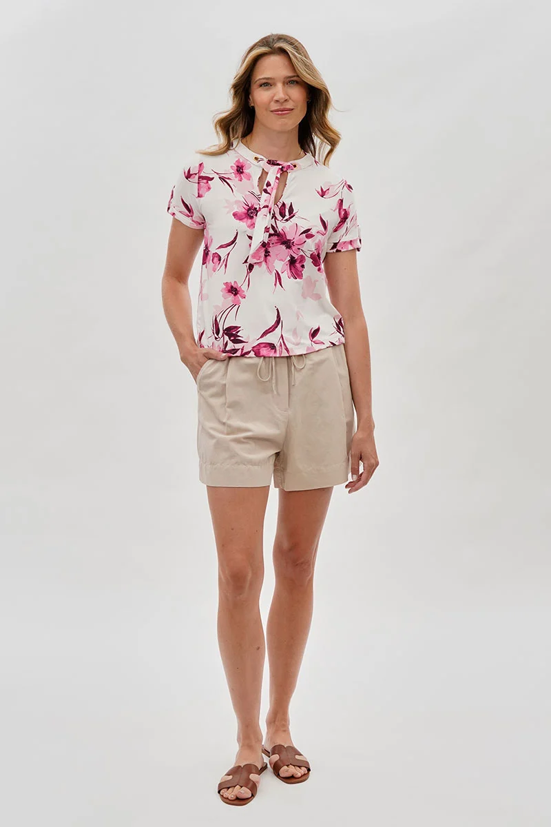 Floral Tie-Neck Short Sleeve Blouse - White - Image 5