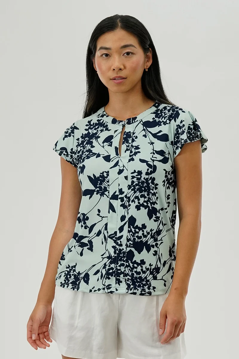 Floral Short Sleeve Blouse - Aqua