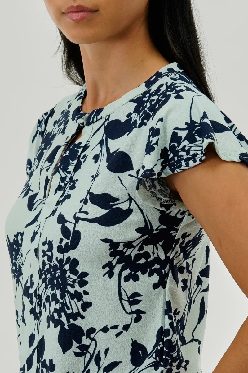Floral Short Sleeve Blouse - Aqua - Image 4