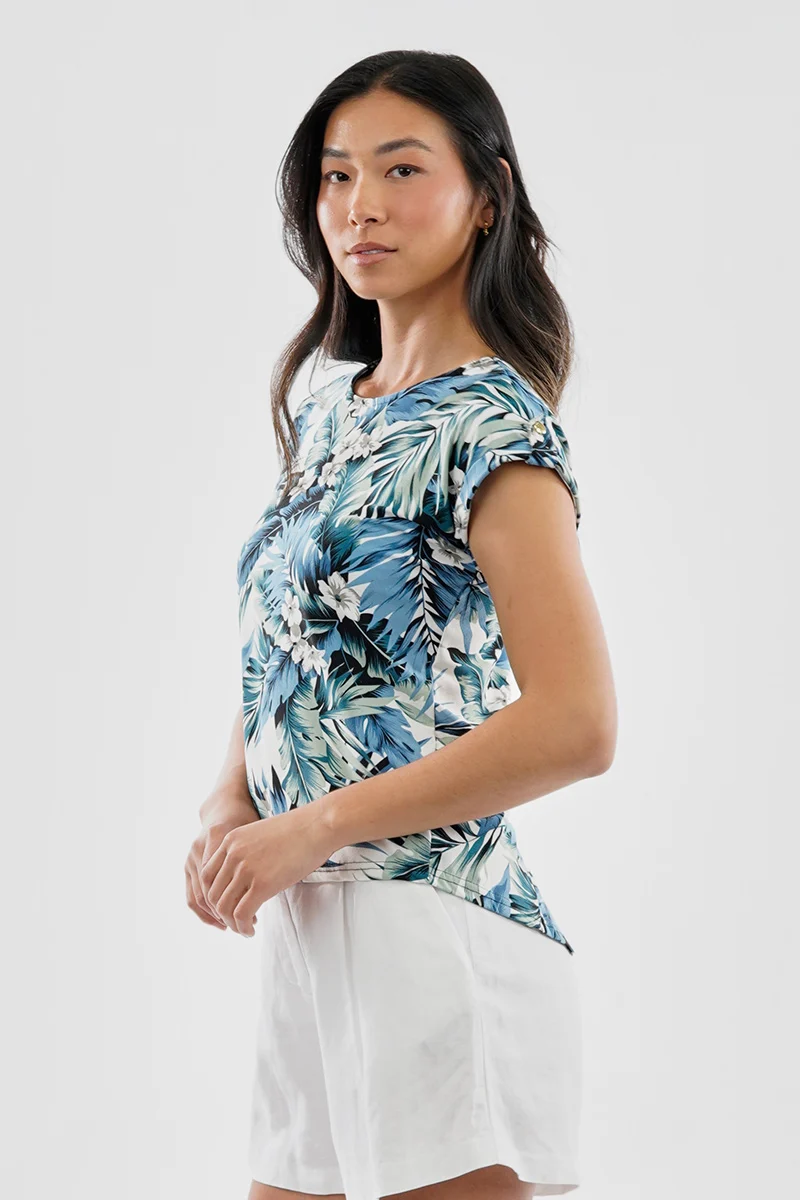 Leaf Print Cap Sleeve Back Slit Tee - Green - Image 2