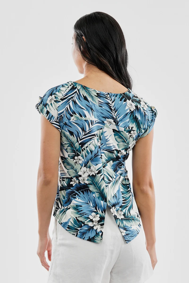 Leaf Print Cap Sleeve Back Slit Tee - Green - Image 3