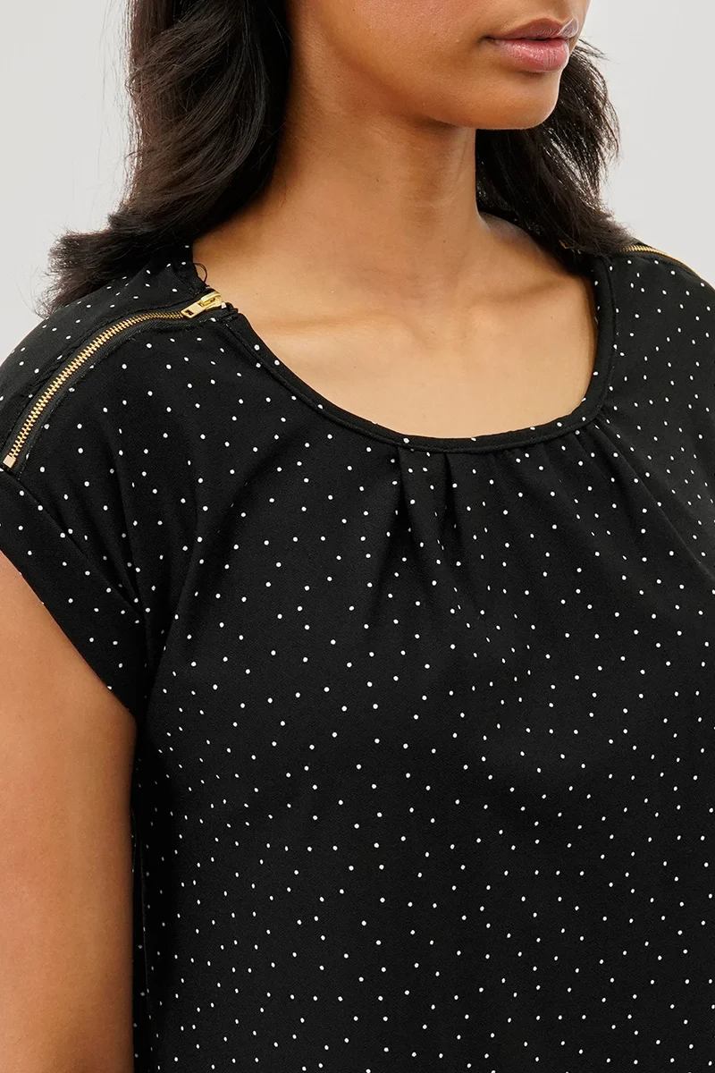Polka Dot Shoulder Zipper Blouse - Black - Image 4