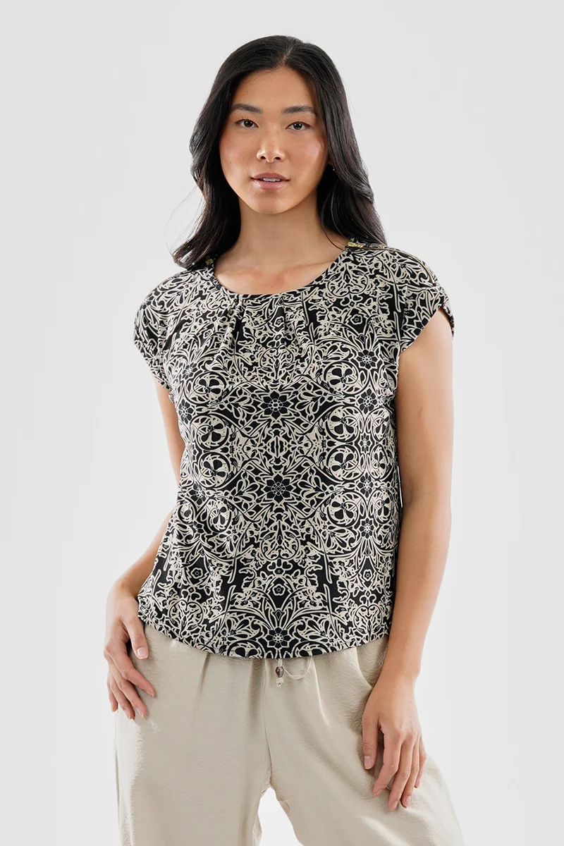 Patterned Zipper Shoulder Detail Blouse - Black