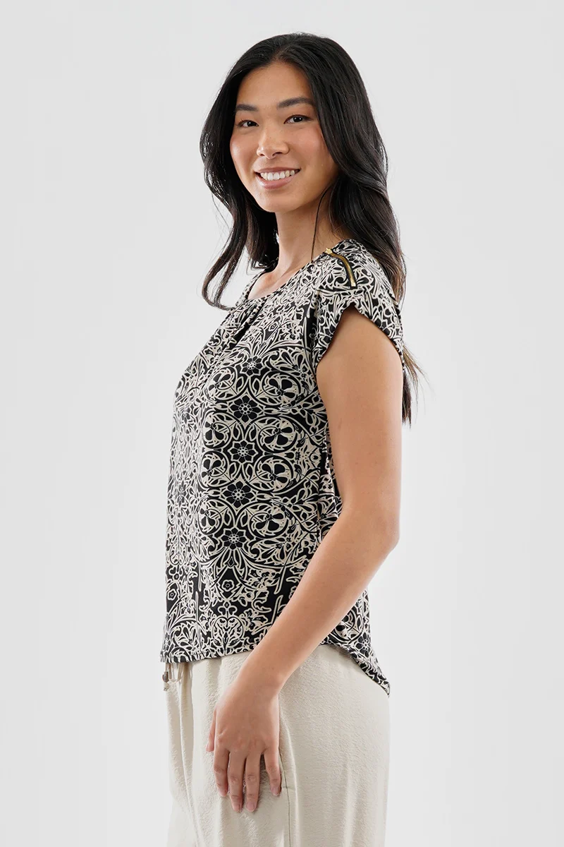 Patterned Zipper Shoulder Detail Blouse - Black - Image 2