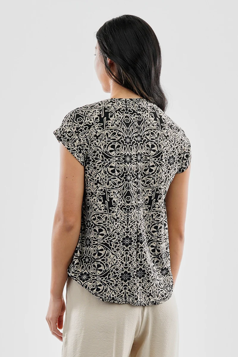 Patterned Zipper Shoulder Detail Blouse - Black - Image 3