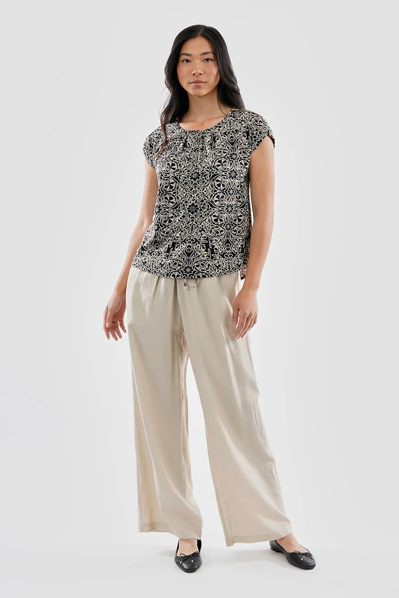 Patterned Zipper Shoulder Detail Blouse - Black - Image 5