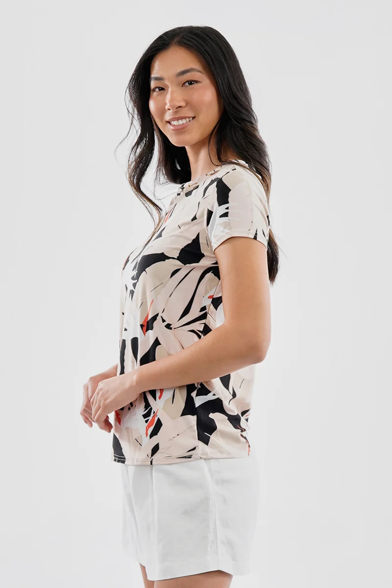 Feather Print Grommet Neck Detail Tee - Black - Image 2