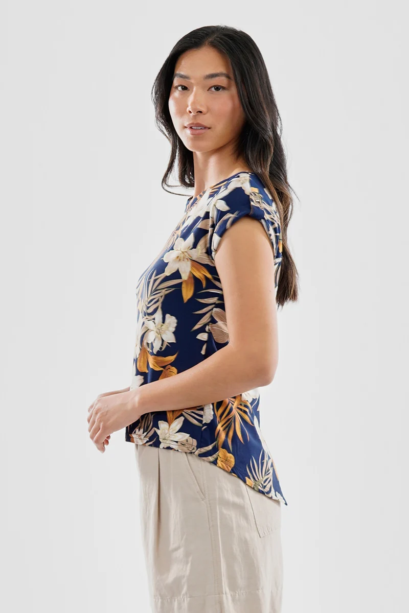 Floral Cap Sleeve Back Slit Tee - Navy - Image 2