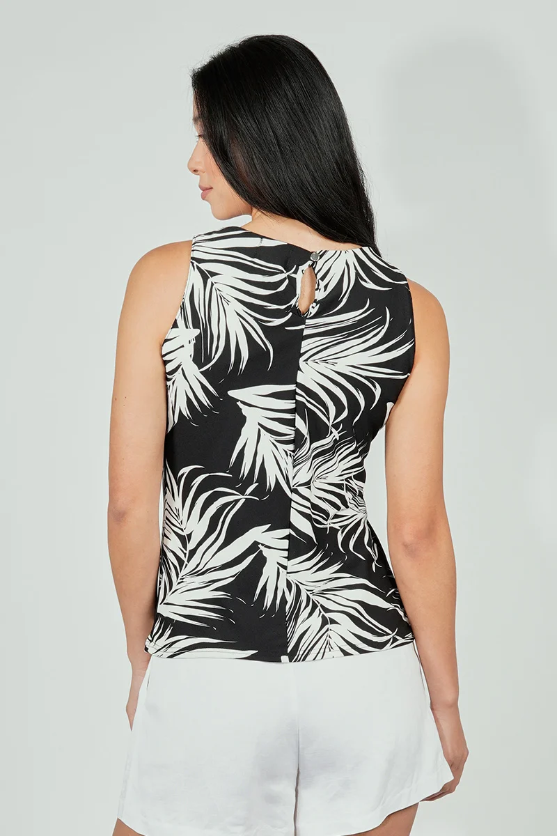 Leaf Print Cinched Collar Tank Top - Black - Image 3