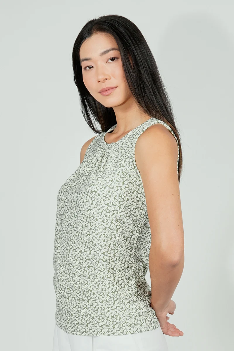 Floral Cinched Collar Tank Top - Olive - Image 2