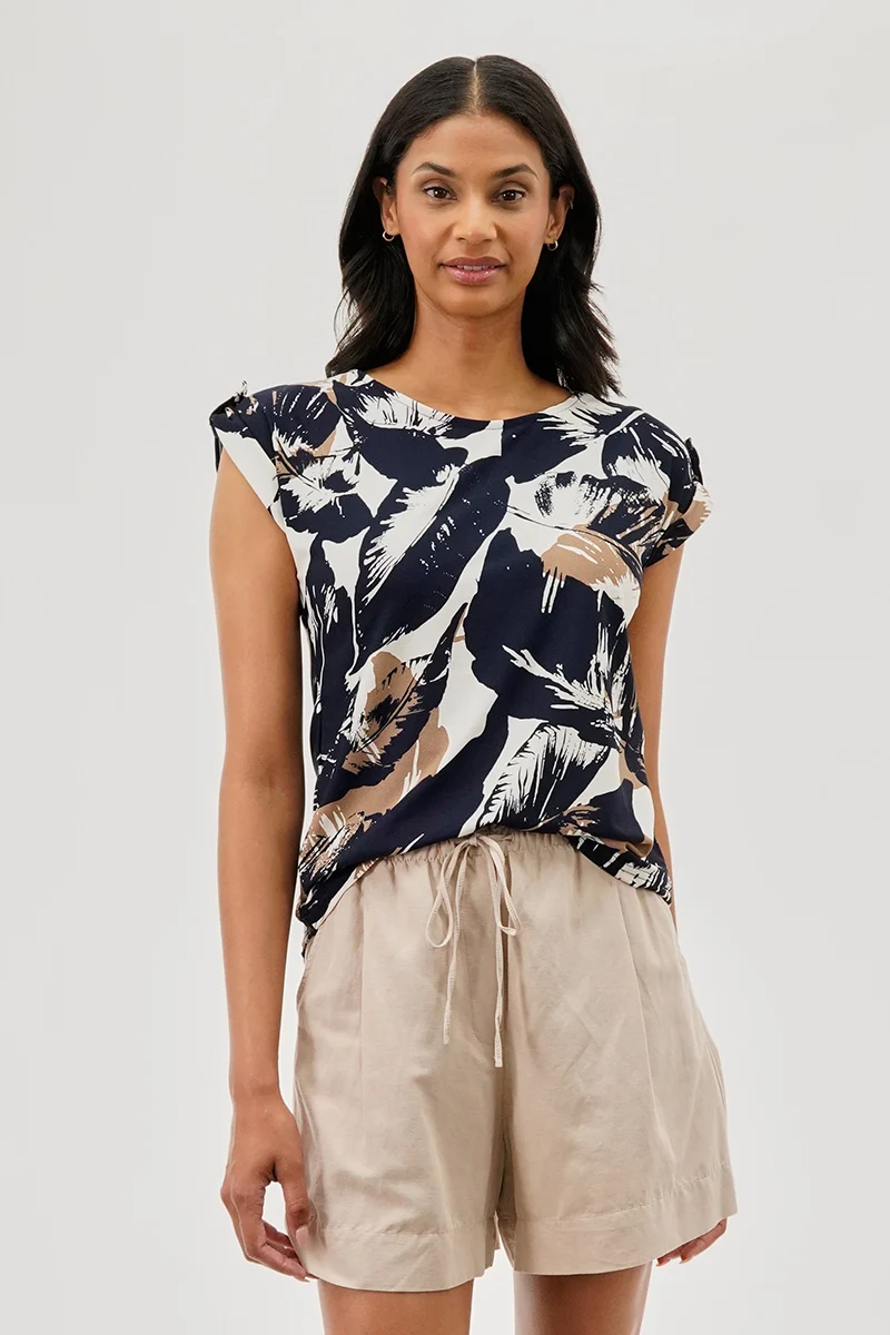 Leaf Print Cap Sleeve Back Slit Tee - White