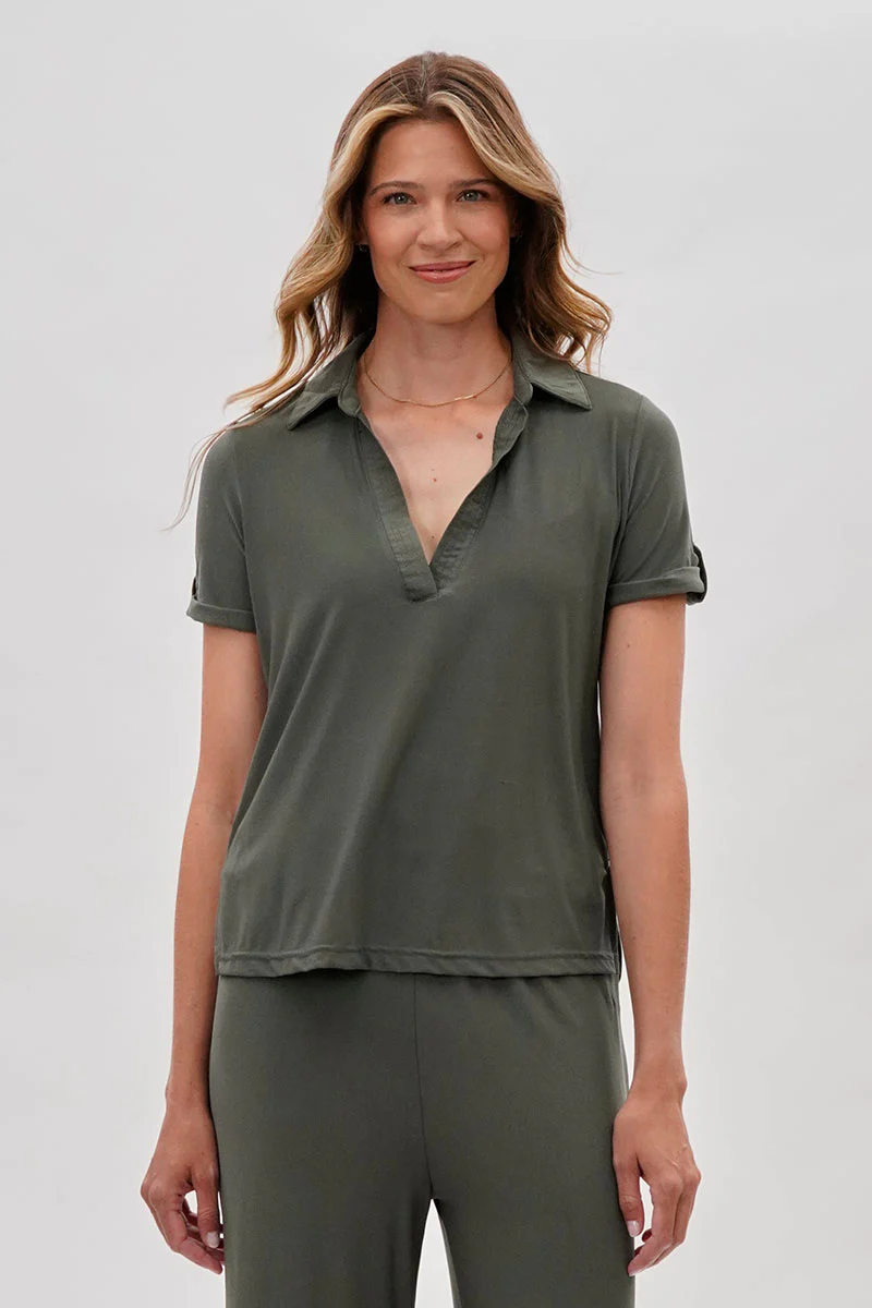 Short Sleeve Split Neck Blouse - Olive