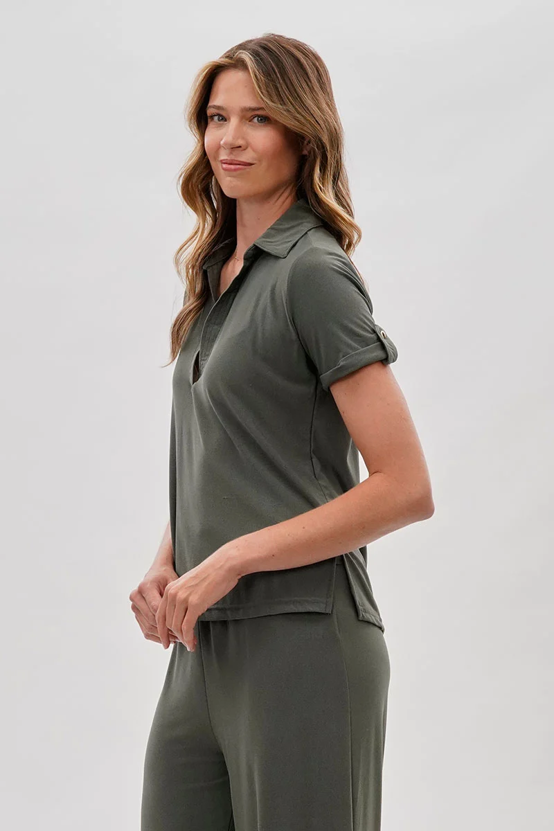 Short Sleeve Split Neck Blouse - Olive - Image 2