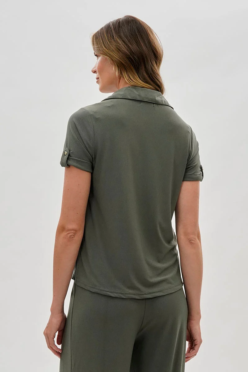 Short Sleeve Split Neck Blouse - Olive - Image 3