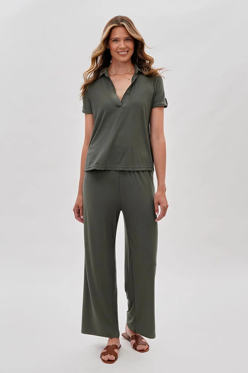 Short Sleeve Split Neck Blouse - Olive - Image 5