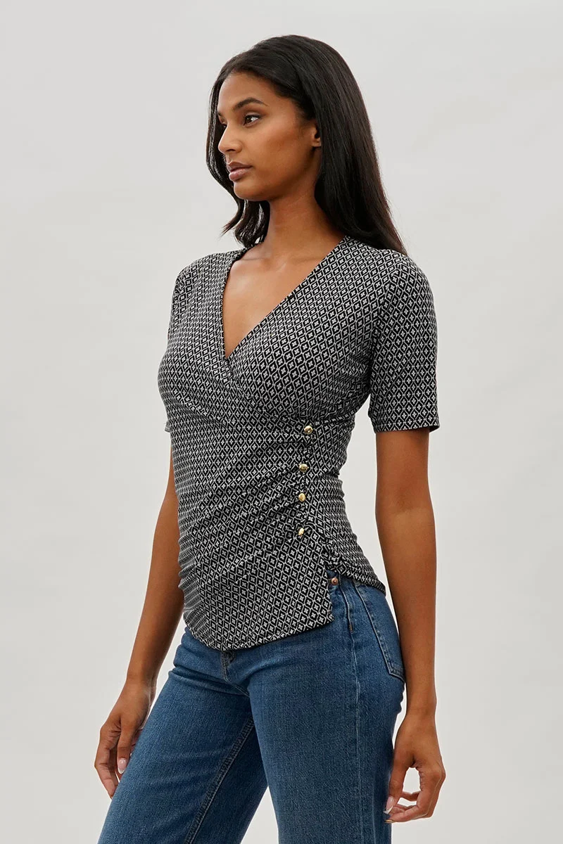 Patterned Side Button Tee - Black - Image 2