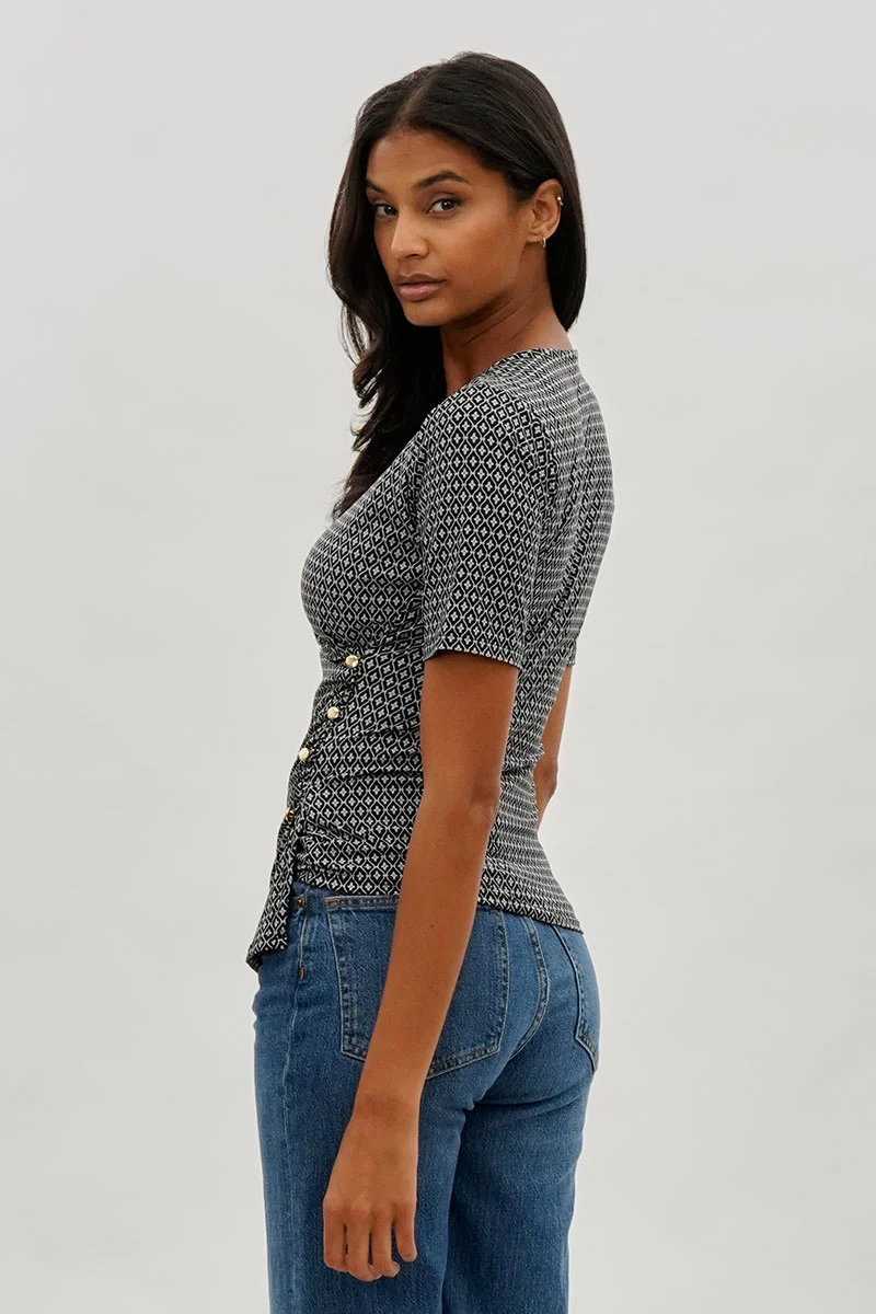 Patterned Side Button Tee - Black - Image 3