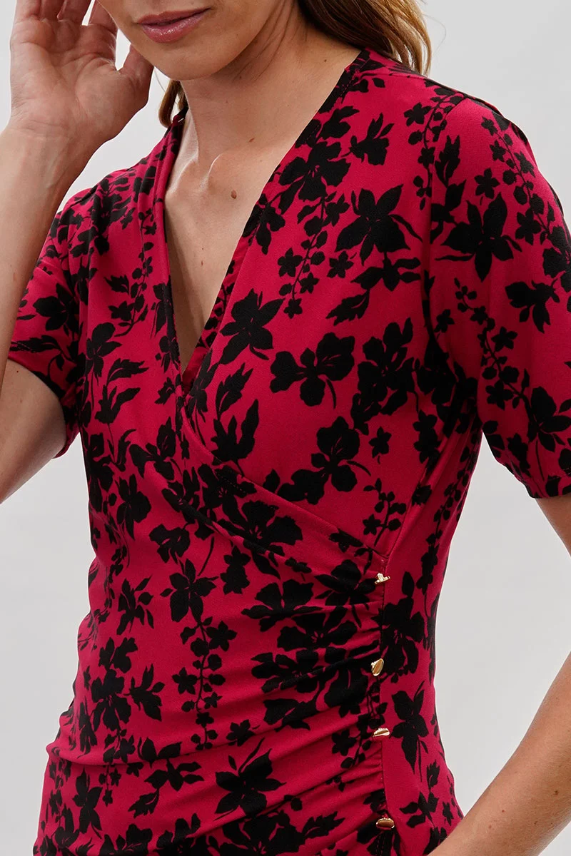 Floral V-Neck Blouse - Red - Image 4