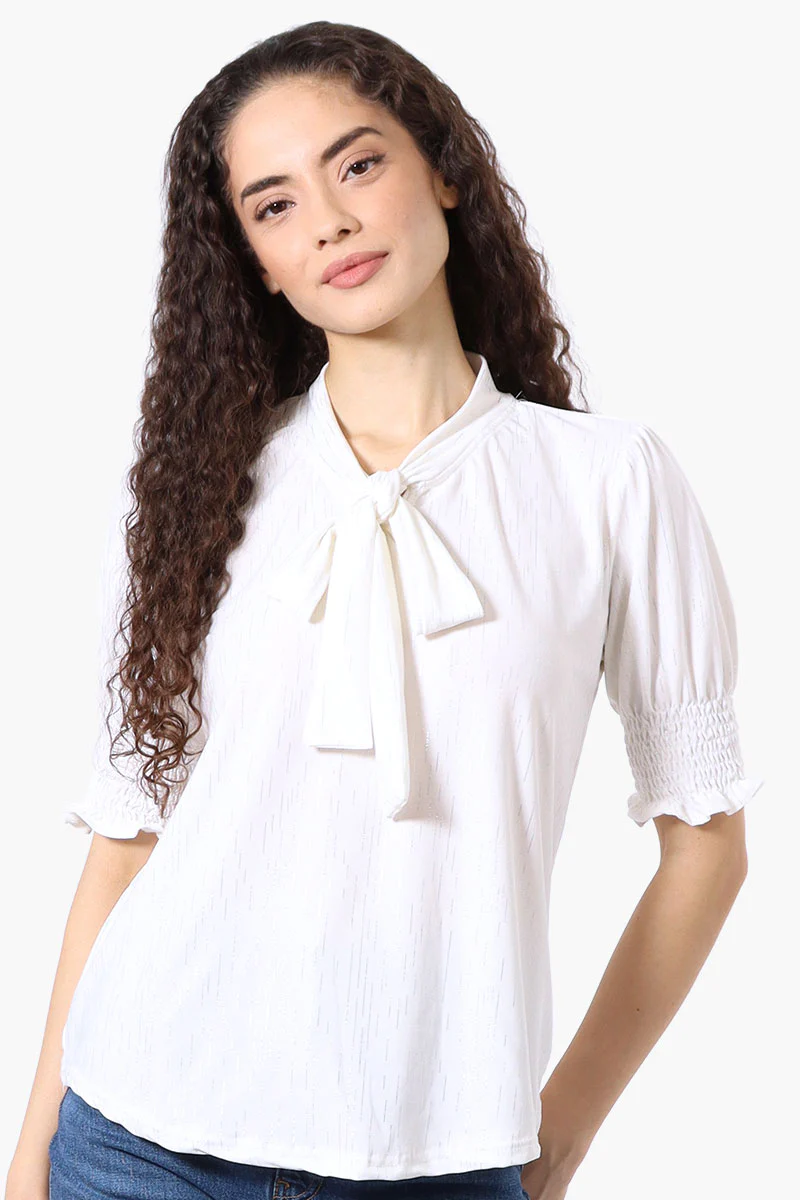 Tie Neck Smocked Sleeve Blouse - White