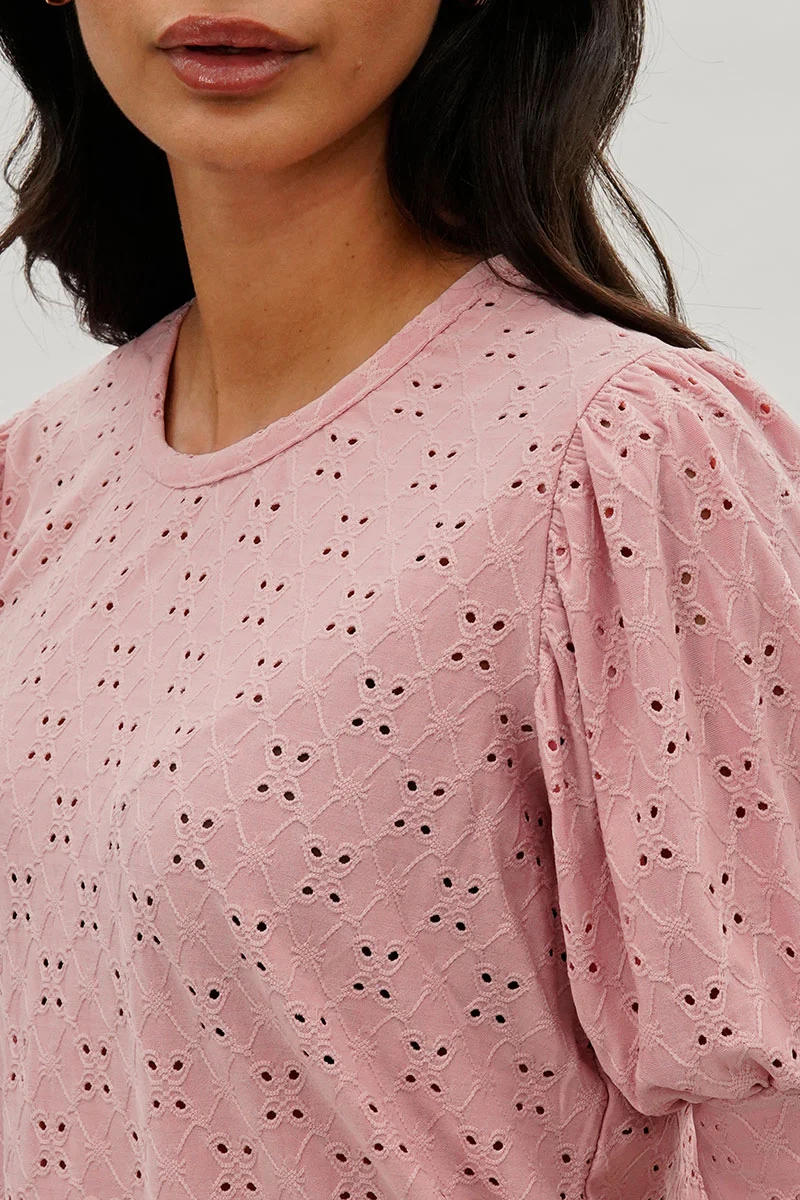 Eyelet Detail Puff Sleeve Blouse - Pink - Image 4