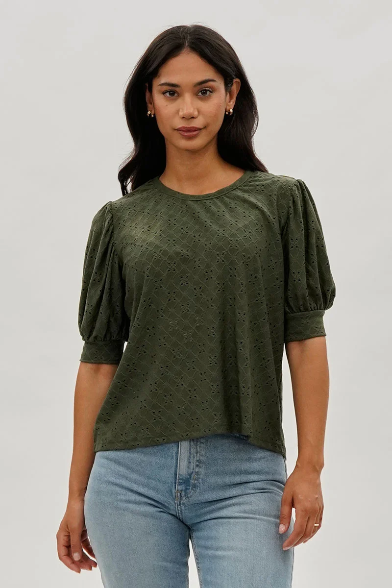 Eyelet Detail Puff Sleeve Blouse - Olive