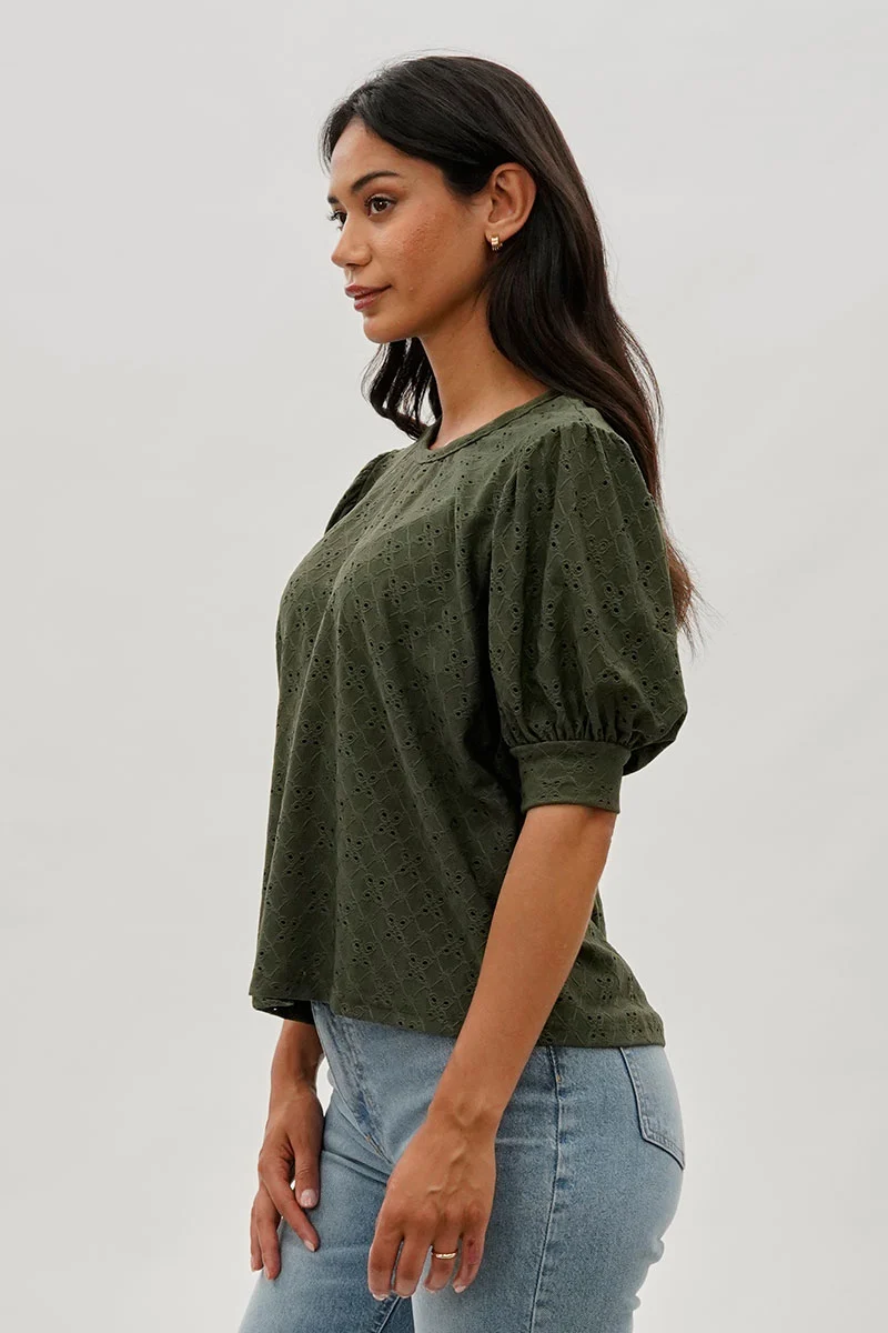 Eyelet Detail Puff Sleeve Blouse - Olive - Image 2
