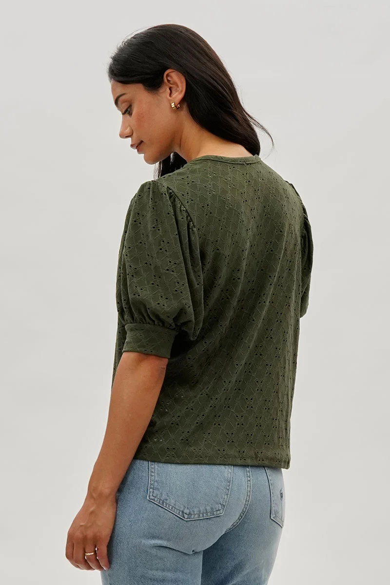 Eyelet Detail Puff Sleeve Blouse - Olive - Image 3