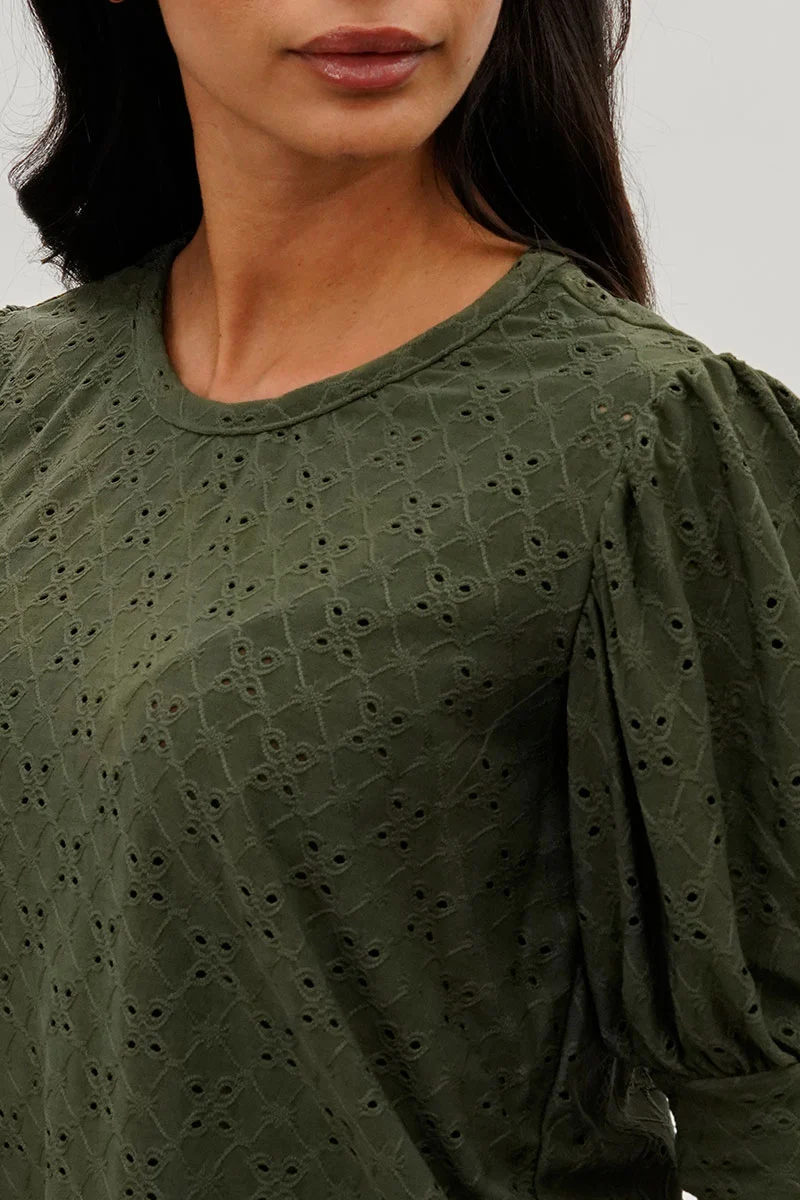 Eyelet Detail Puff Sleeve Blouse - Olive - Image 4
