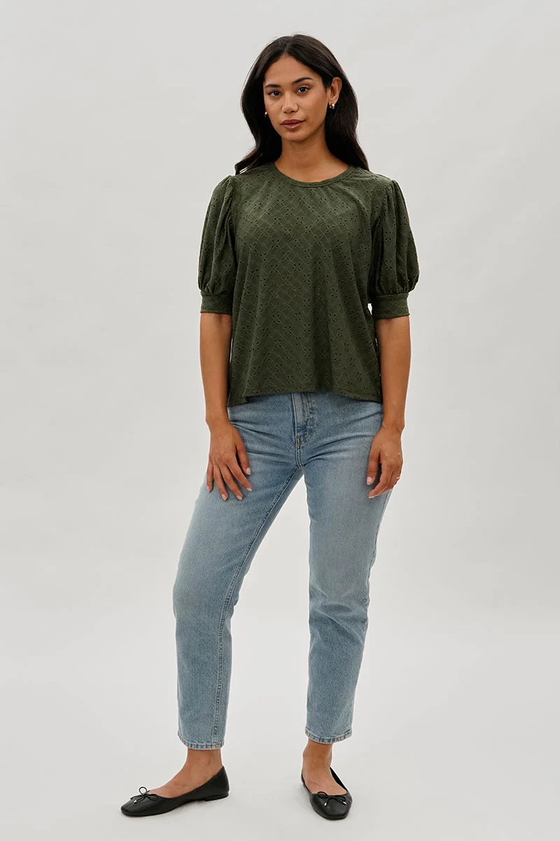 Eyelet Detail Puff Sleeve Blouse - Olive - Image 5