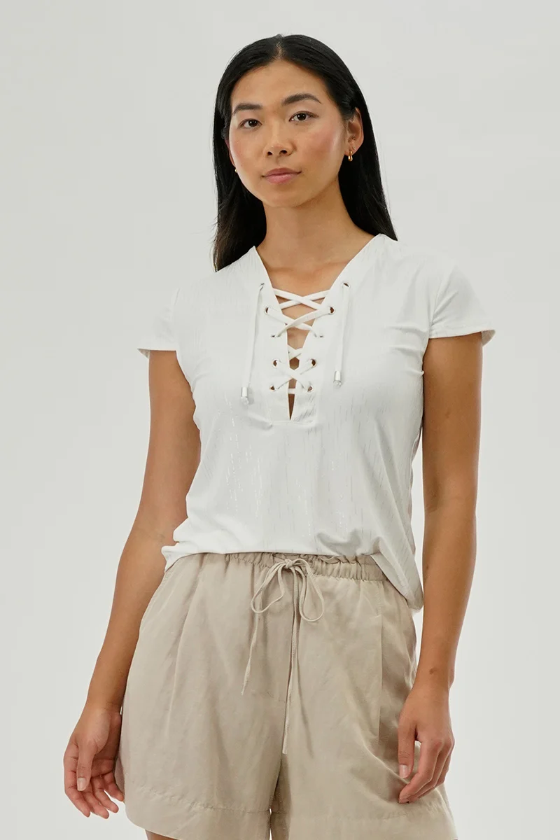 Lace Up Short Sleeve Blouse - White