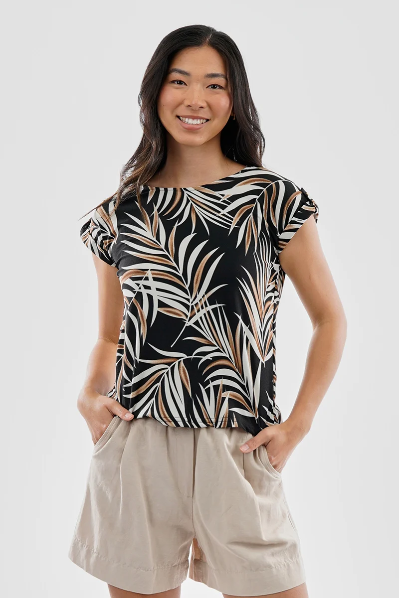 Leaf Print Cap Sleeve Back Slit Tee - Black