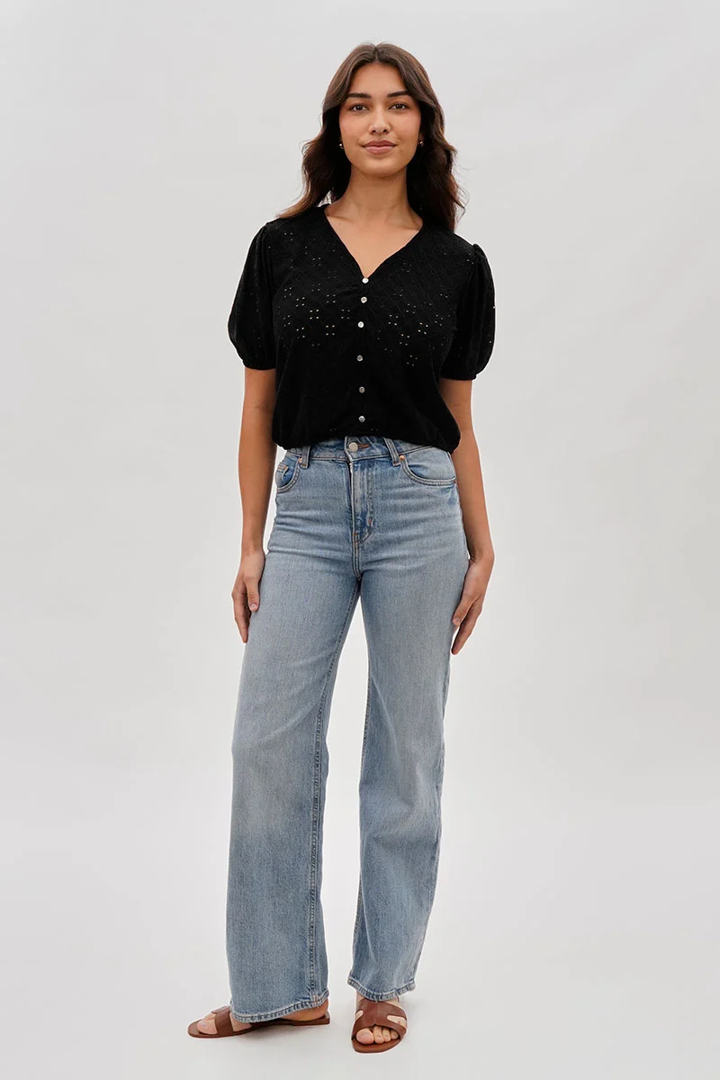 Button Down Eyelet Blouse - Black - Image 5