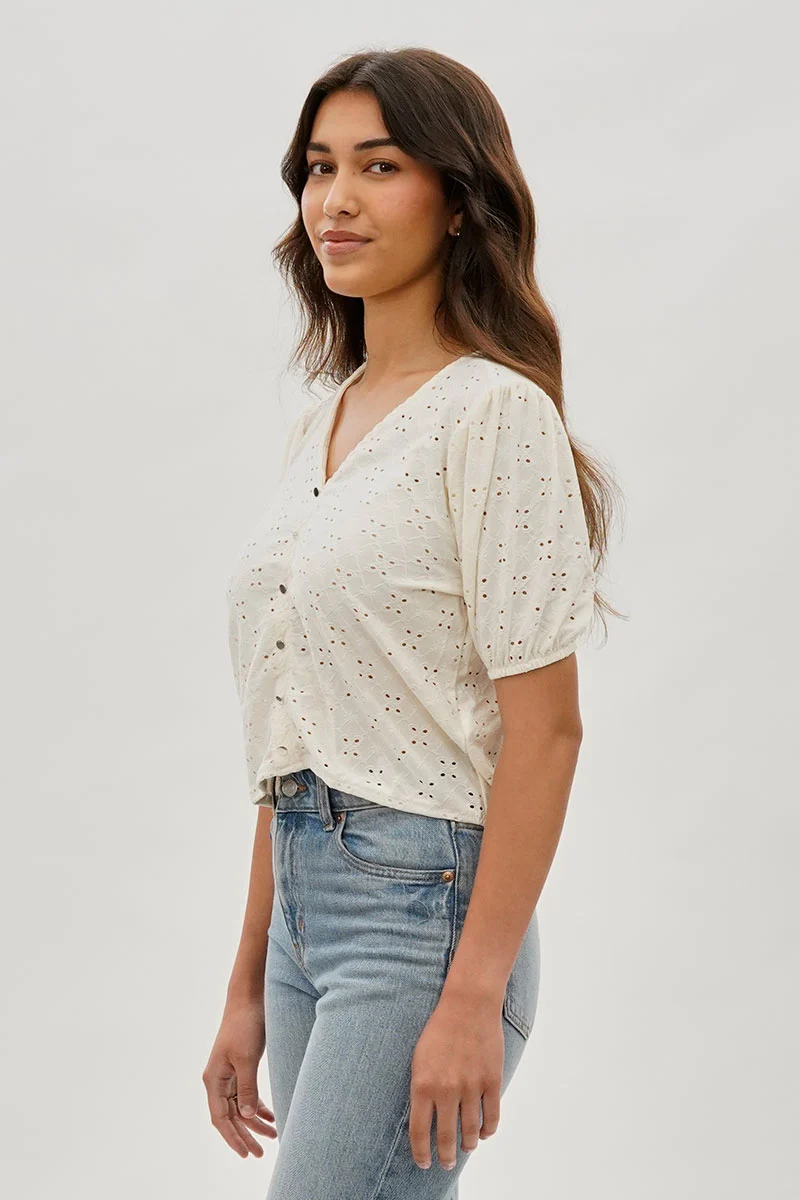 Button Down Eyelet Blouse - Cream - Image 2