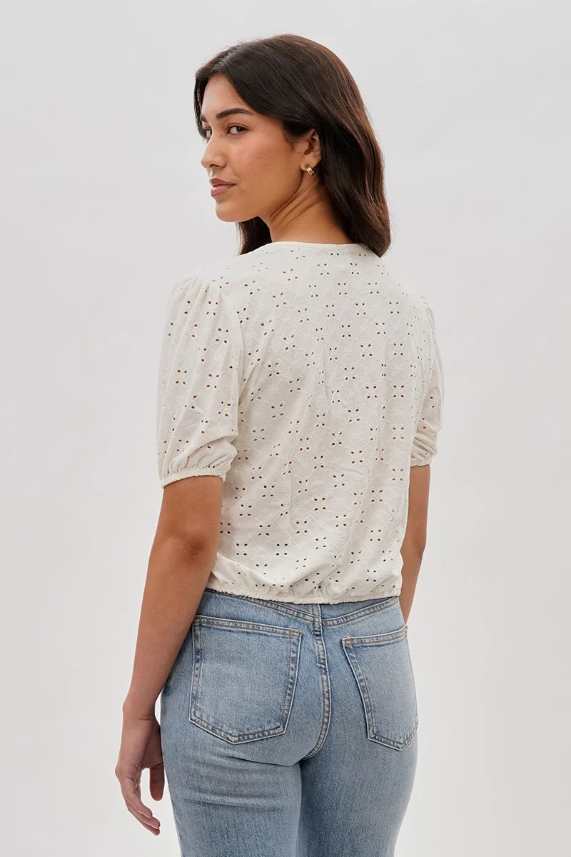 Button Down Eyelet Blouse - Cream - Image 3