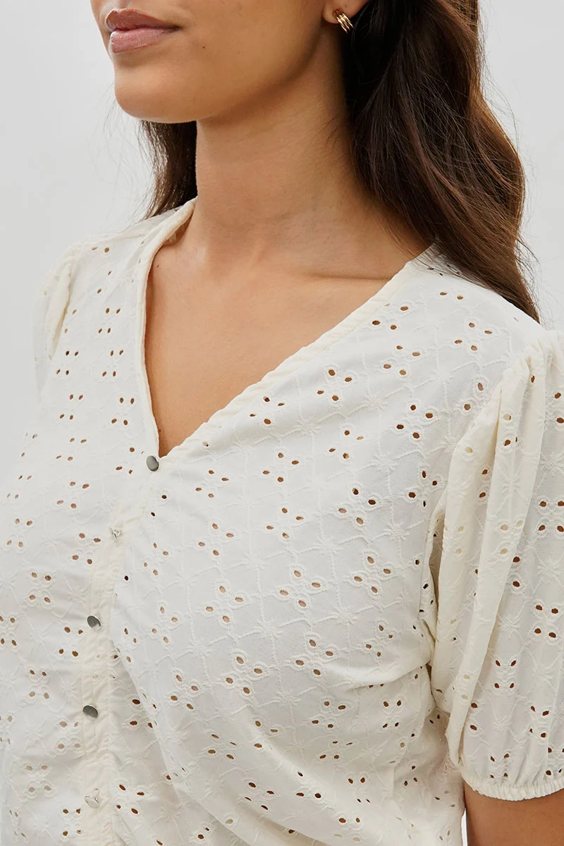 Button Down Eyelet Blouse - Cream - Image 4