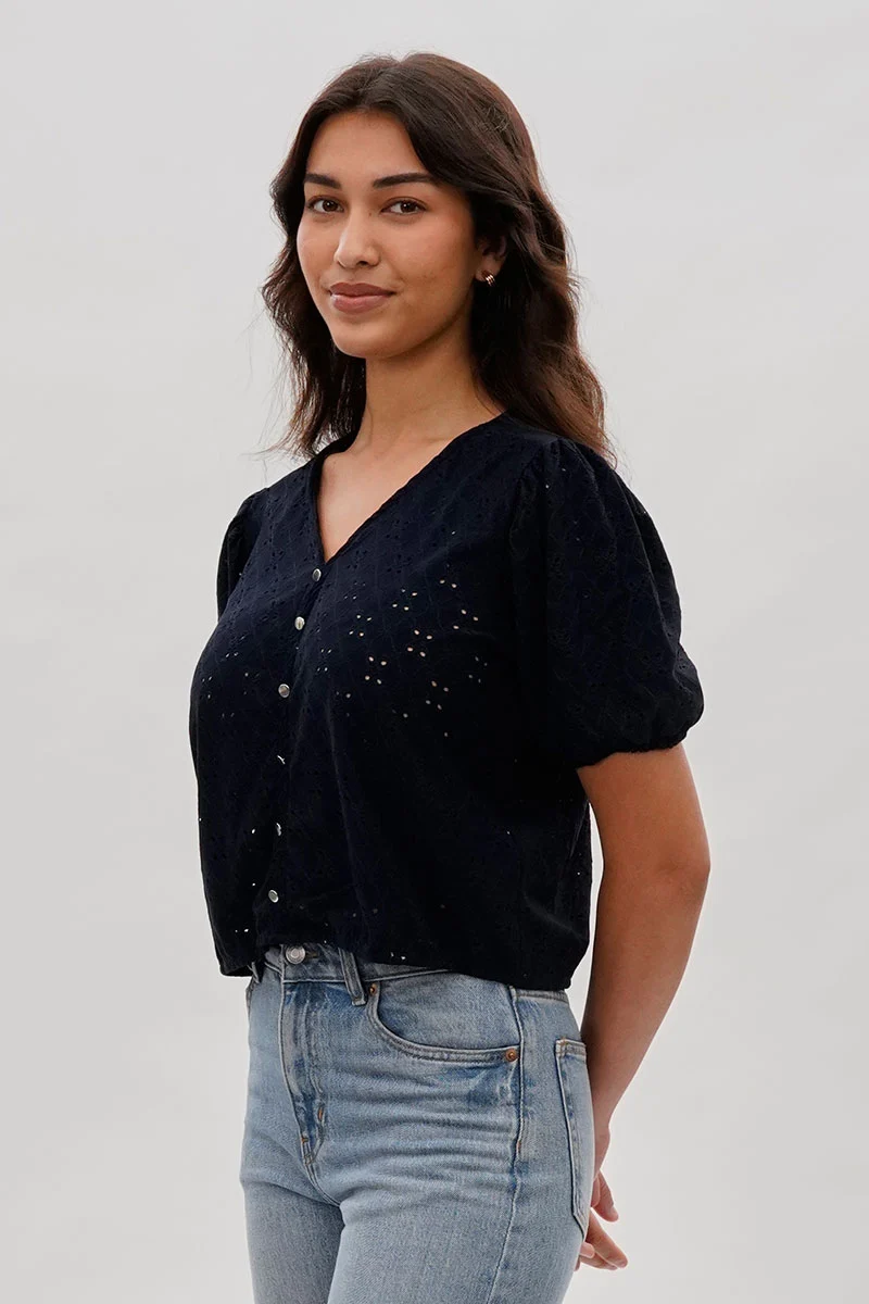 Button Down Eyelet Blouse - Navy - Image 2