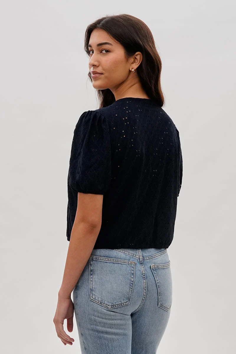 Button Down Eyelet Blouse - Navy - Image 3