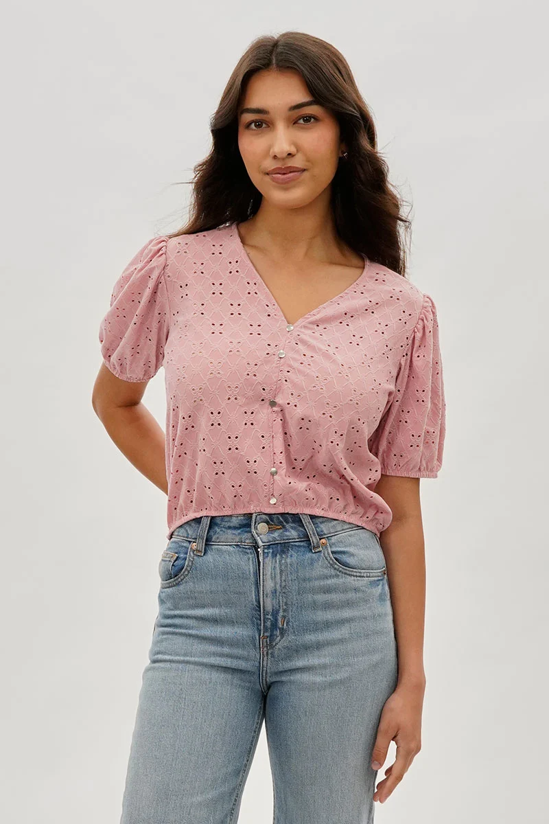 Button Down Eyelet Blouse - Pink