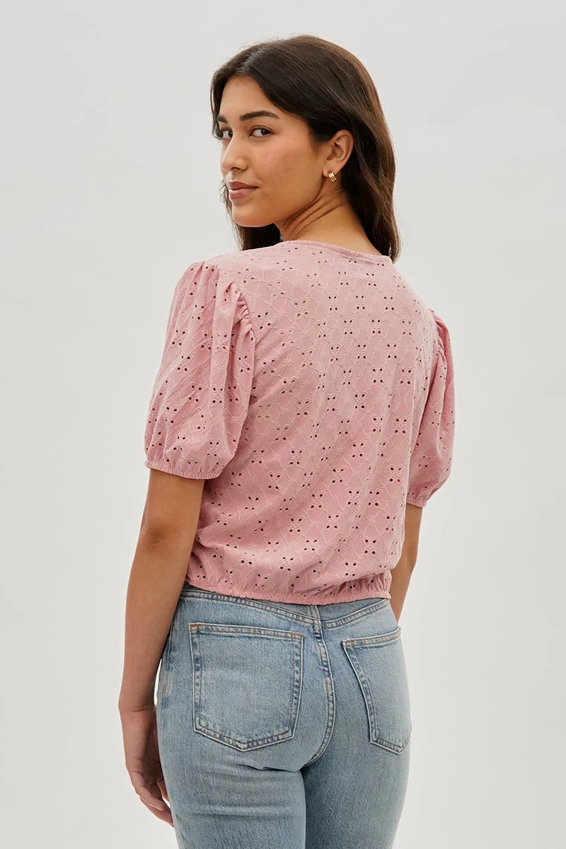 Button Down Eyelet Blouse - Pink - Image 3