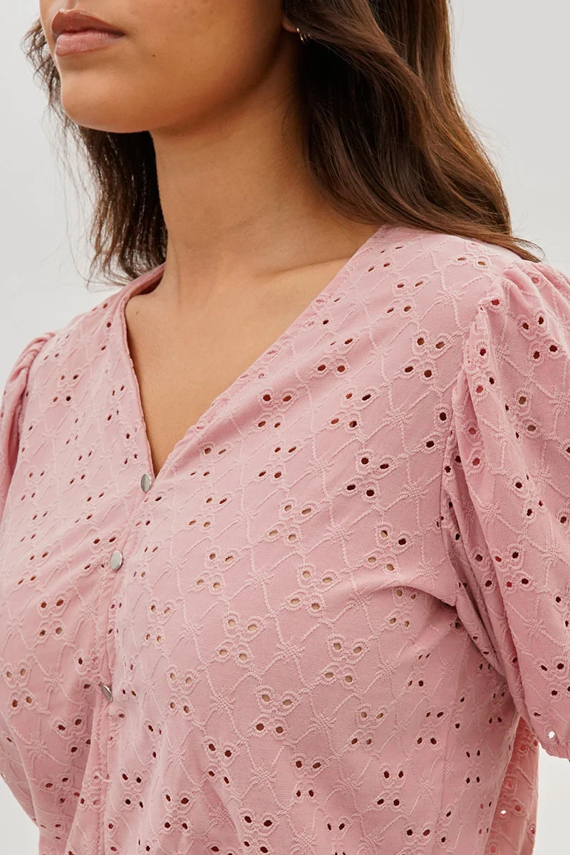 Button Down Eyelet Blouse - Pink - Image 4