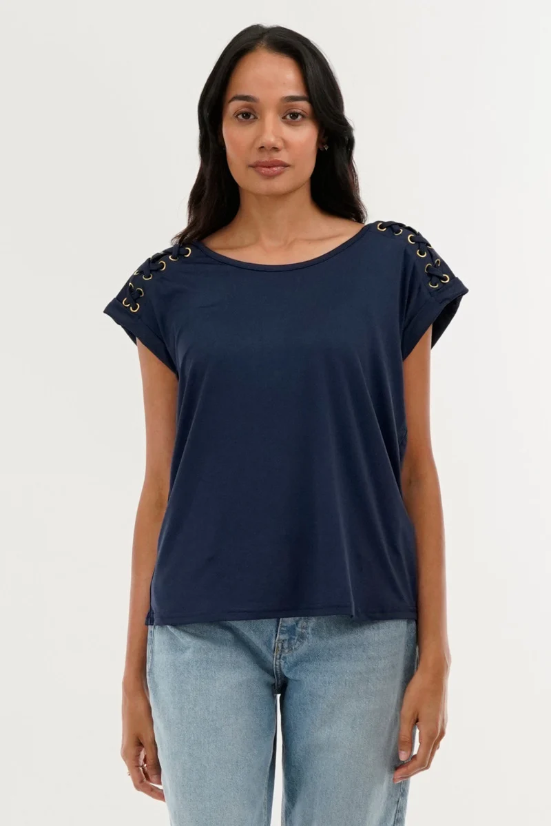 Shoulder Lace Up Tee - Navy