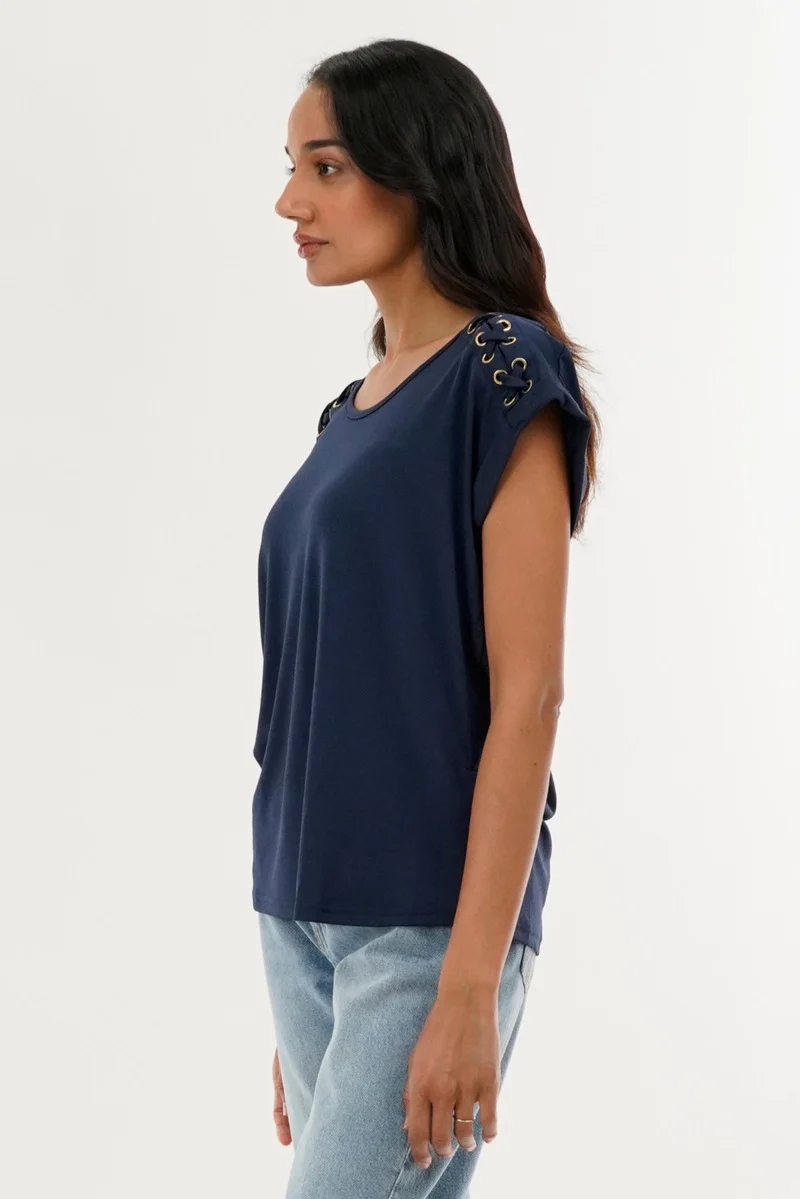 Shoulder Lace Up Tee - Navy - Image 2